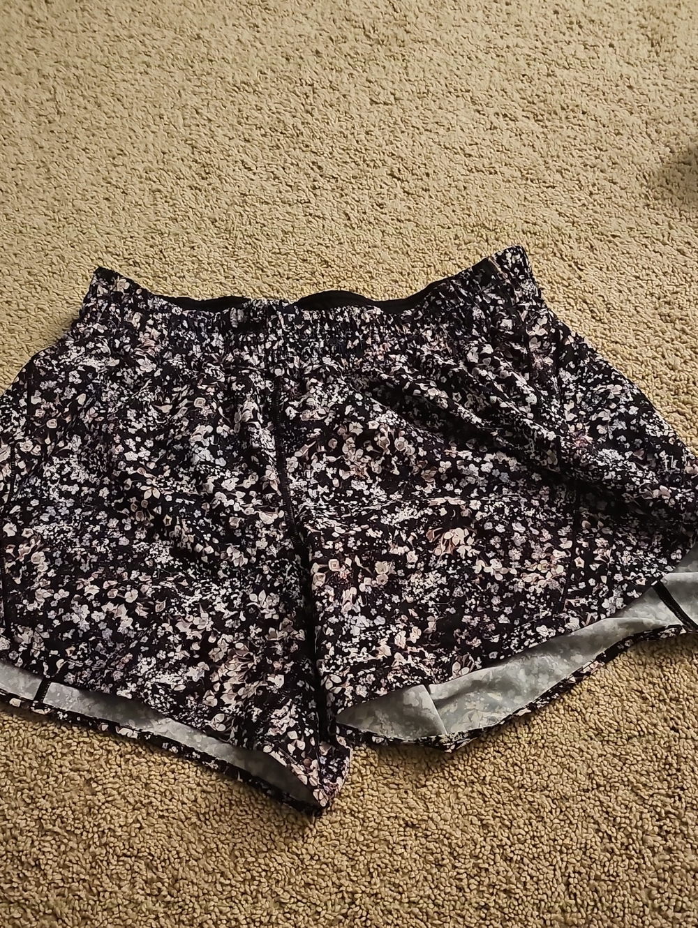 lululemon athletica Black Floral Athletic Shorts with Pale Pink Accents